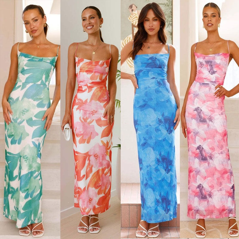 Women's Summer Printed Sleeveless Sexy Fitted Bustier Strapless Dress