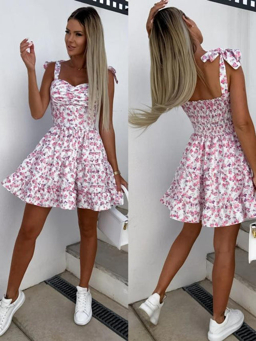 Women's new printed camisole waist cinching 100 fold dress