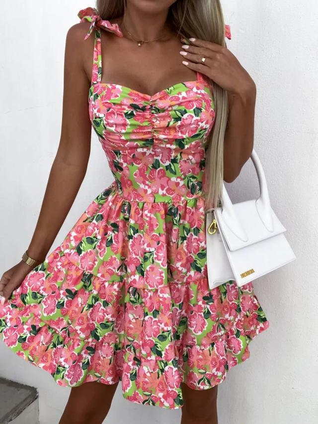 Women's new printed camisole waist cinching 100 fold dress