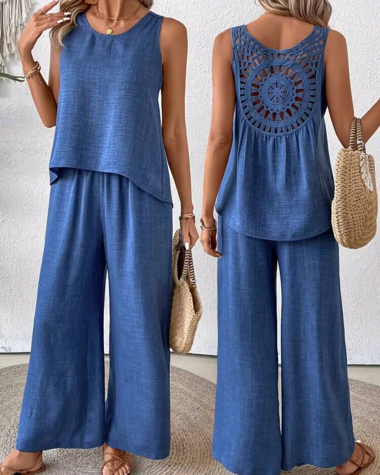 Women's solid color back hollow lace set