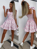 Women's new printed camisole waist cinching 100 fold dress